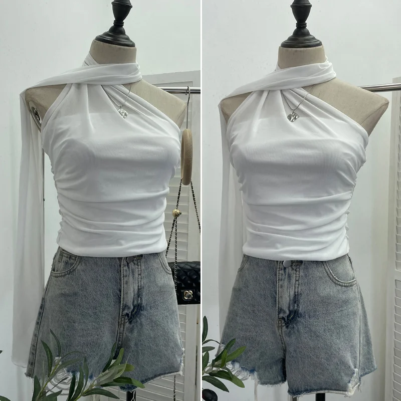 Nigikala Nigikala Shooting 2025 Spring New Mesh Hanging Neck Top Women With Asymmetric Sleeveless Vest Short Top 1125