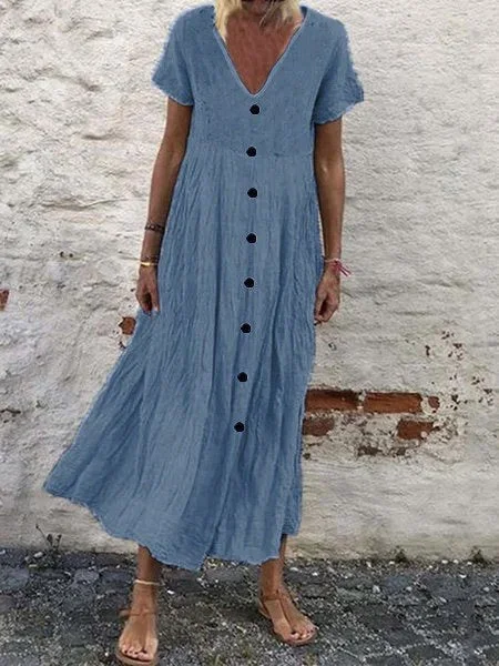 Women Half Sleeve V-neck Solid Color Dress