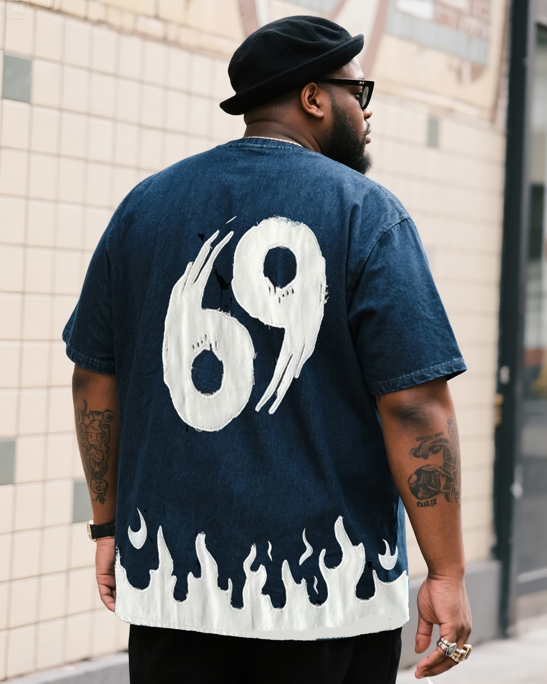 Plus Size Men's Fashion Street Tai Chi Flame Print Denim Short Sleeve T-Shirt