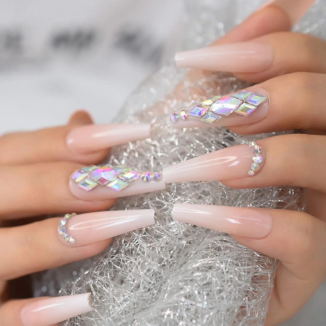 Extra Long Coffin Rhinestone Fake Nails Gel Tips Decoration Nails False Hand Dummy Fake Nails Stick On Nails Fingernails-Nail Inspo