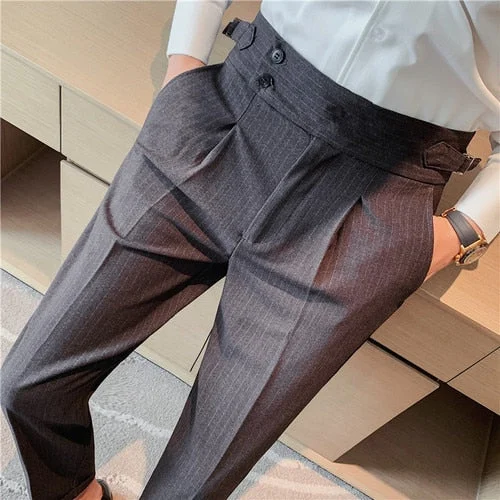 Inongge Fall High Quality Business Casual Draped High-waist Trousers Men Stripes Formal Pants Male Formal Office Social Suit Pants