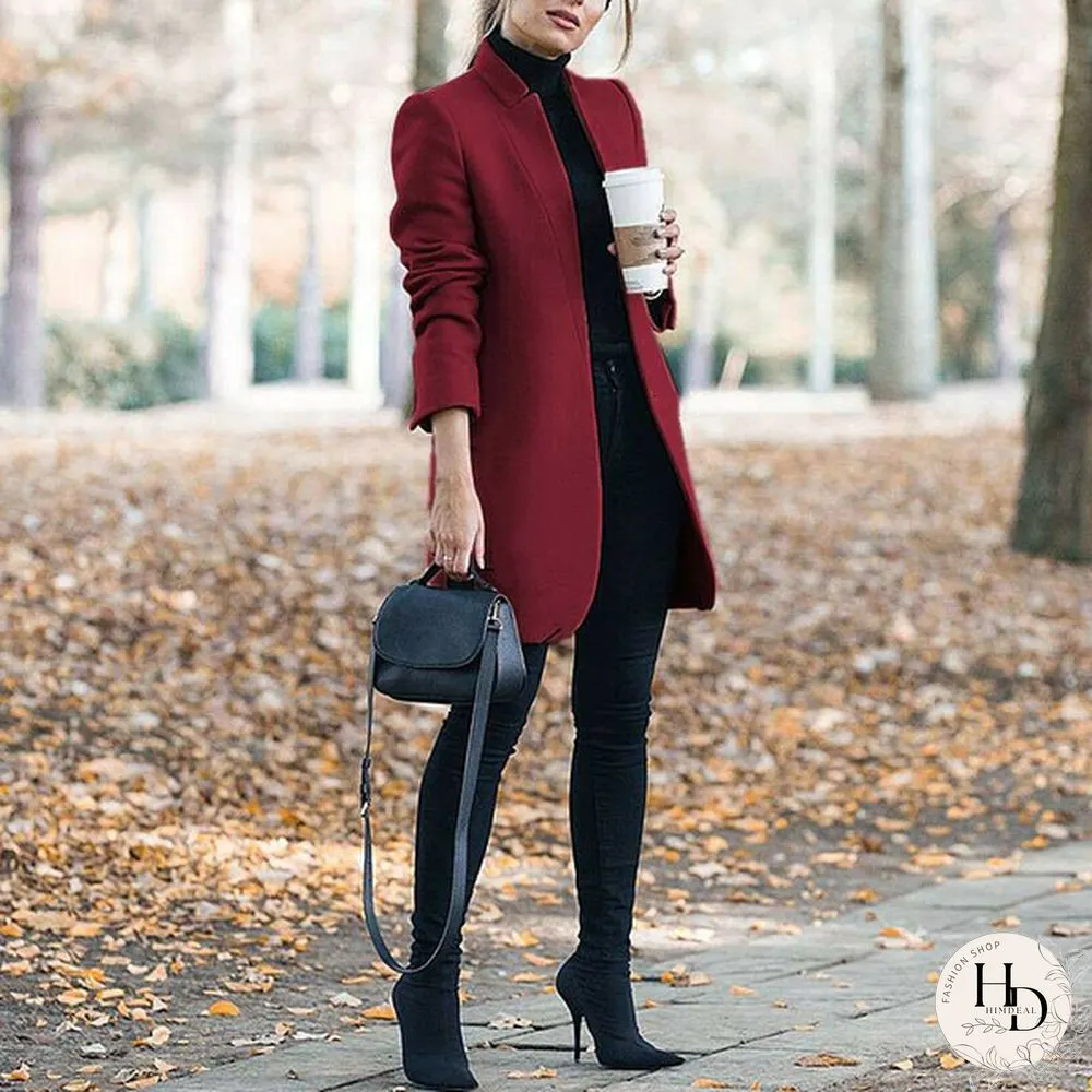 New Autumn and Winter Fashion Womens Solid Color Stand-Up Collar Woolen Coat Lapel Wool