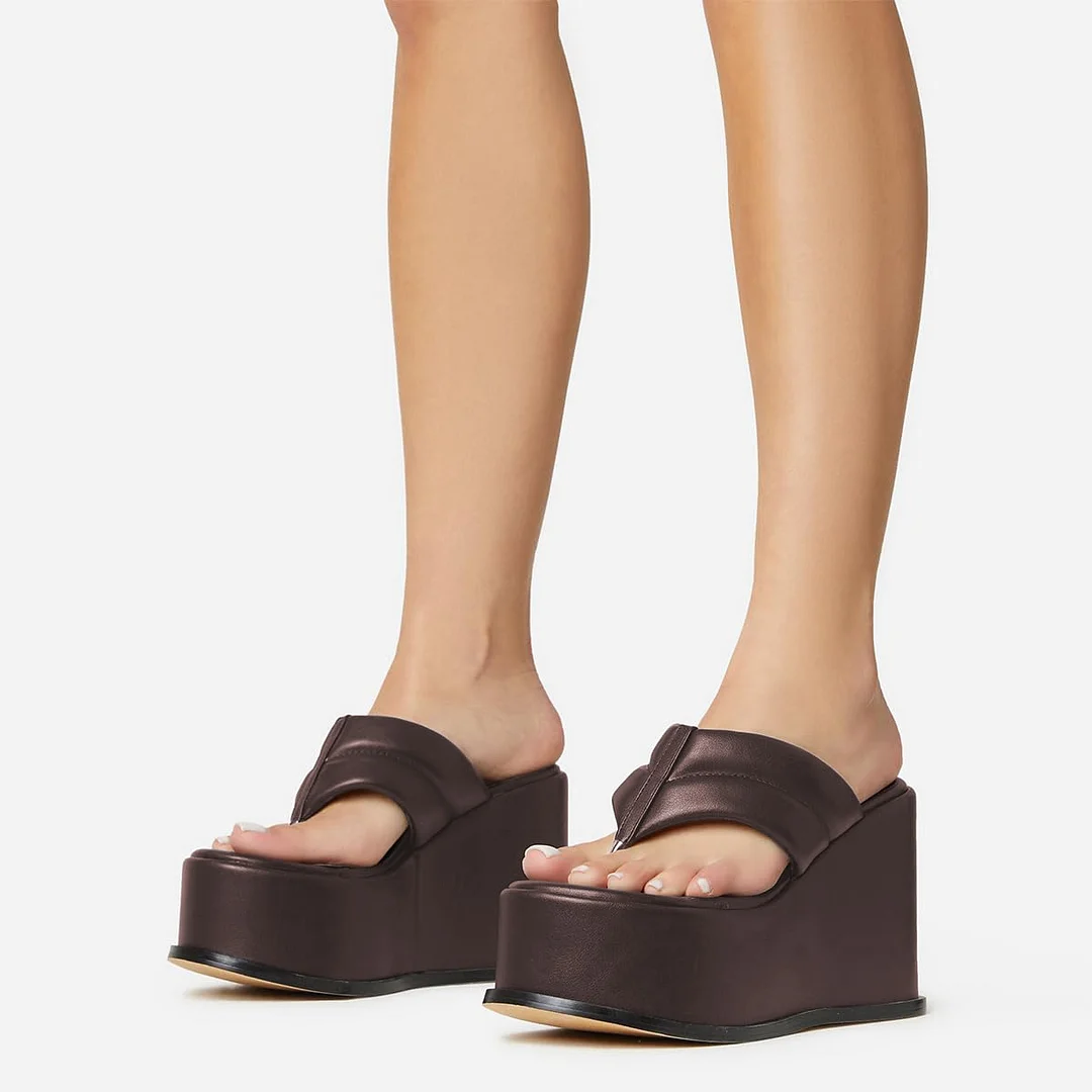 Brown Round Toe Slip On Flip Flops Platform Mules with Wedge Heel