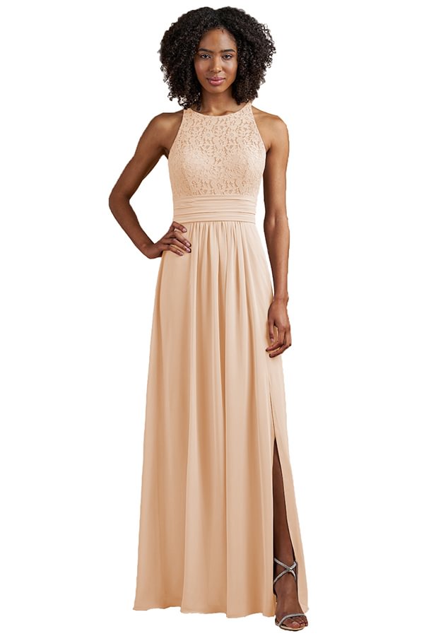 Halter Sleeveless Lace Bridesmaid Dress With Split YZTS019