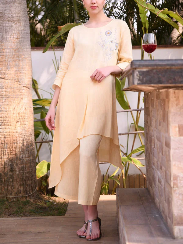 Temperament Plain Color Elegant Cotton Linen Casual Ladies Suit