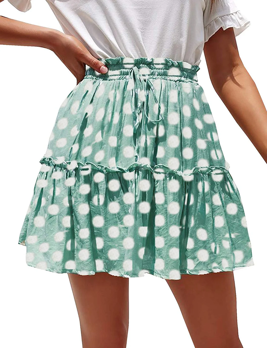 Short Skirt Women's Flared Short Skirt Polka Dot Pleated Mini Skater Skirt with Drawstring