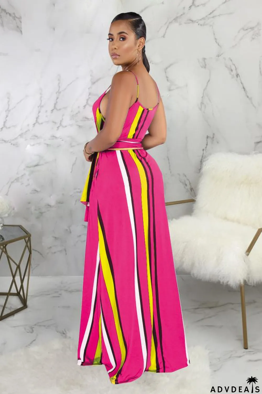purple Polyester Fashion Sexy Spaghetti Strap Sleeveless Slip A-Line Floor-Length Print asymmetrical Stripe