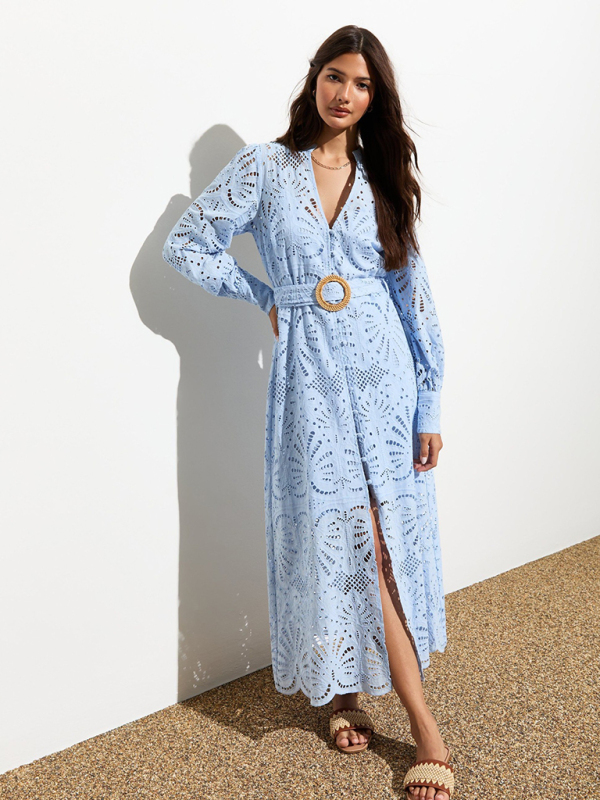 Mature Women Summer Fashion New Hollow V-neck Lace Cardigan Holiday Dress