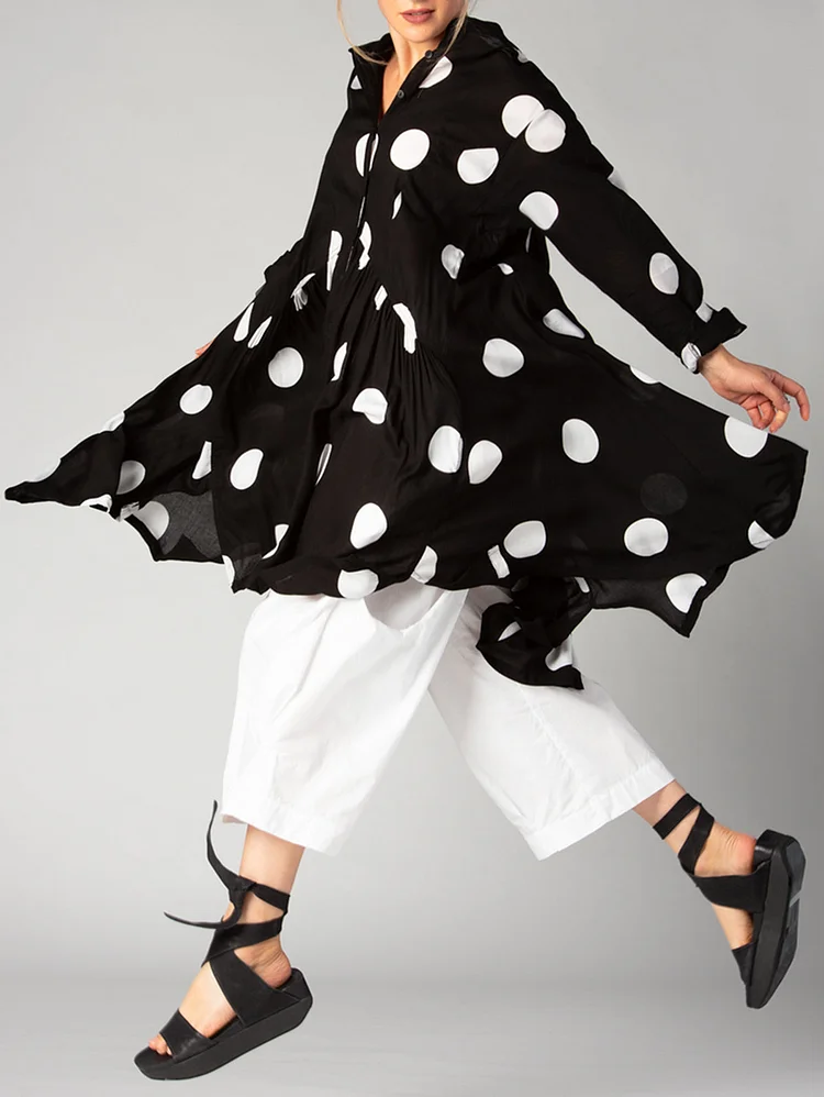 Casual Polka Dot Long Sleeve Asymmetrical Hem Long Shirt