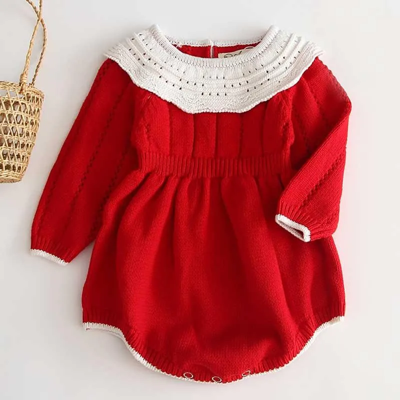 Baby Girls Knitting Romper 2019 Autumn Red Girl Clothes Newborn Baby Girl Clothes Fashion Knitted Romper Overalls Autumn Sweater