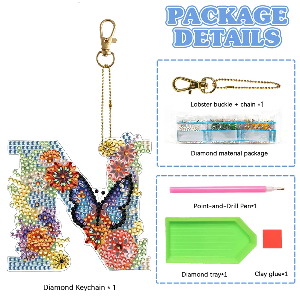 DIY N Diamond Art Key Rings Lettter Keychain Supplies Gift for Kids(Double Sided)
