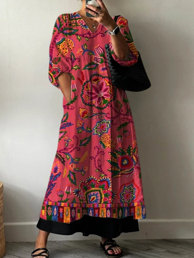 Women's Vintage Lovely Floral Art Print Pocket V-neck Cotton Dress