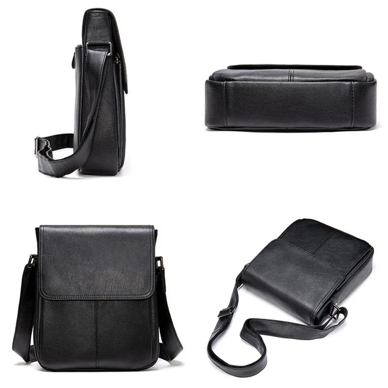 Black Single Tone Foldover Top Adjustable Sling Soft Leather Messenger Bag