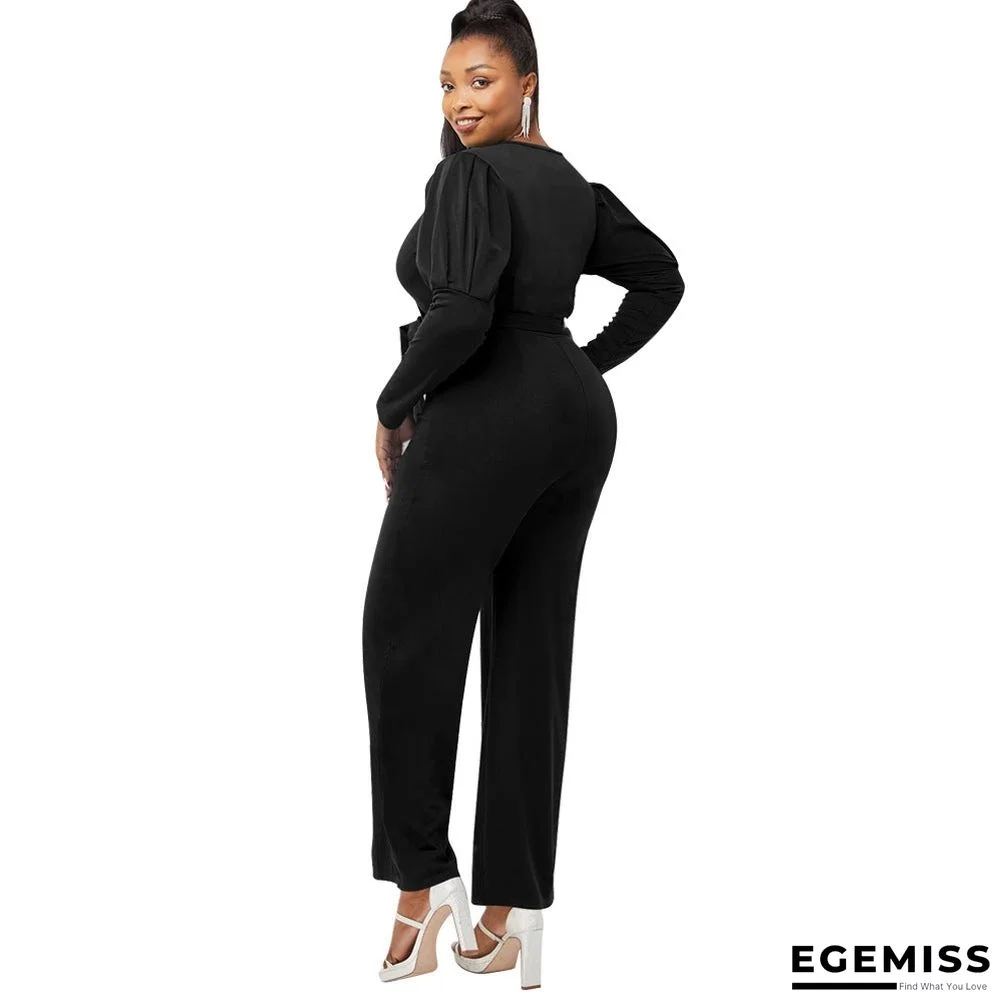 Autumn and Winter Solid Color V-neck Bubble Sleeve Personalized Casual Wide Leg Jumpsuit | EGEMISS