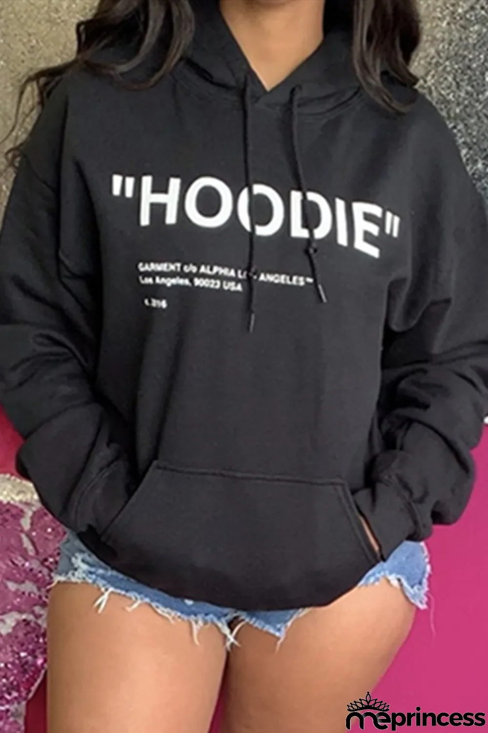 Black Fashion Casual Letter Print Basic Hooded Collar Tops