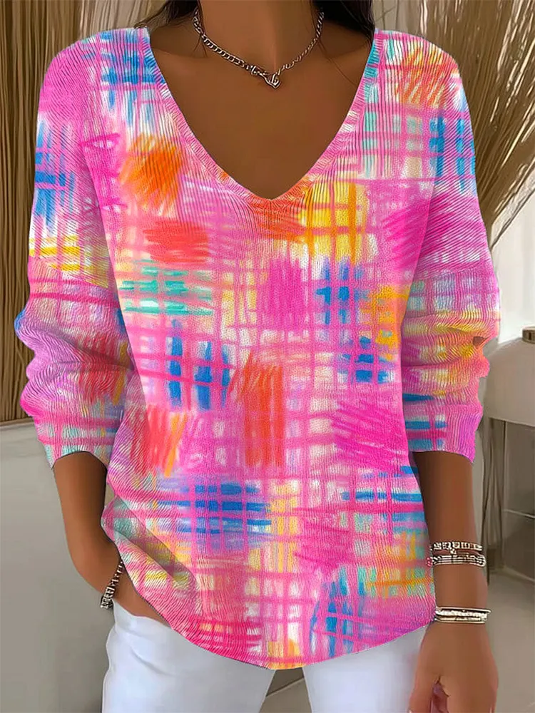Women's Vintage Abstract Plaid Art Print Casual Pullover Sweater