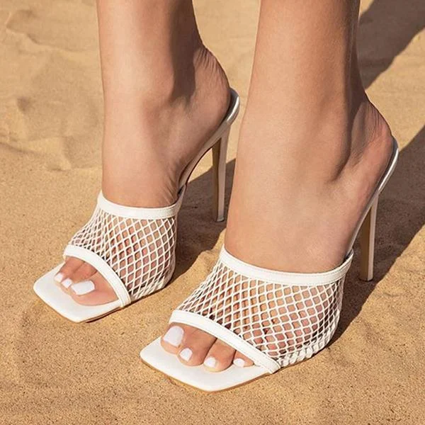 Women Summer Mesh Leather High-Heeled Slippers
