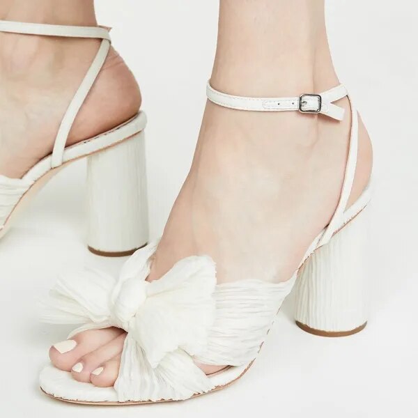 TAAFO White Satin Bow Knot Ankle Strap High Chunky Round Heels Women's Sandals Open Toe Party Dress Shoes Large 
