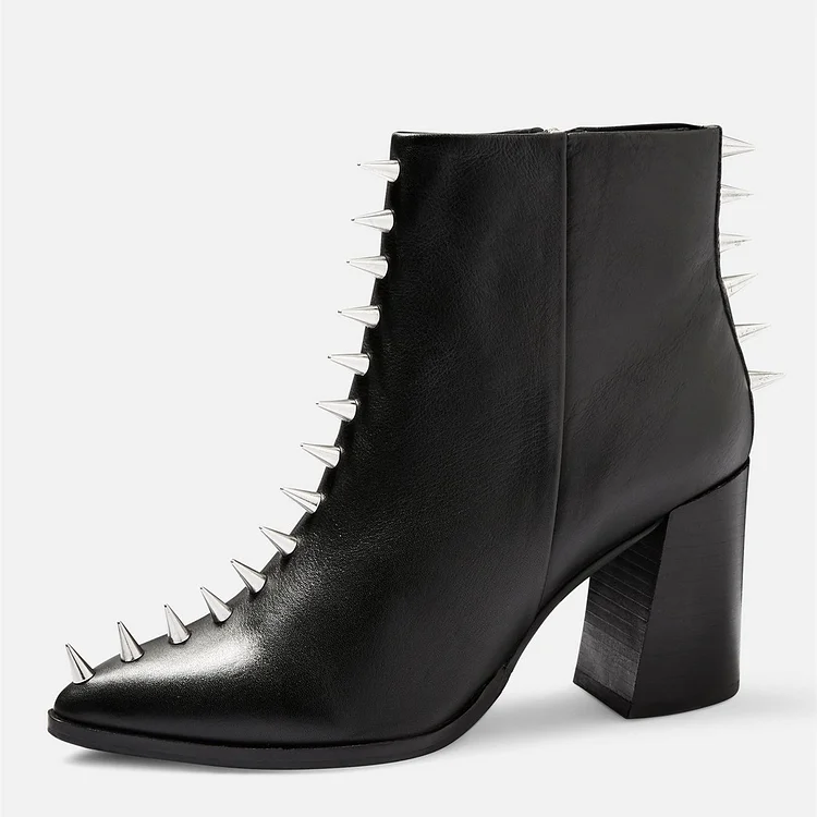 Black Chunky Heel Boots with Rivets |FSJ Shoes