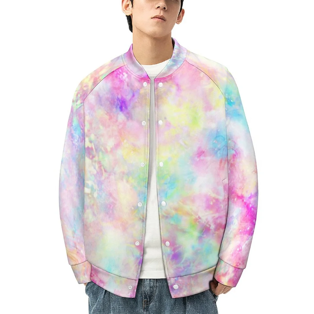 Pastel Rainbow Tie Dye Watercolor Women Single Breasted Long Sleeve Bomber Jacket Men Stand Collar Varsity Coat Outfit