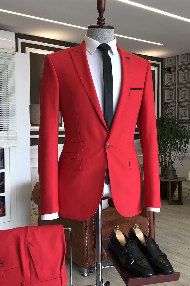Dresseswow Chic Fited Red Formal Dinner Suit For Prom Peaked Lapel