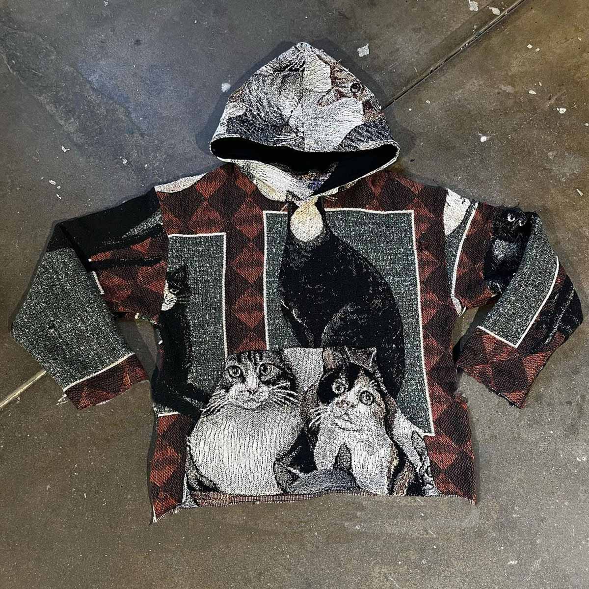 Vintage Cute Cat Casual Street Tapestry Knit Hooded Sweater