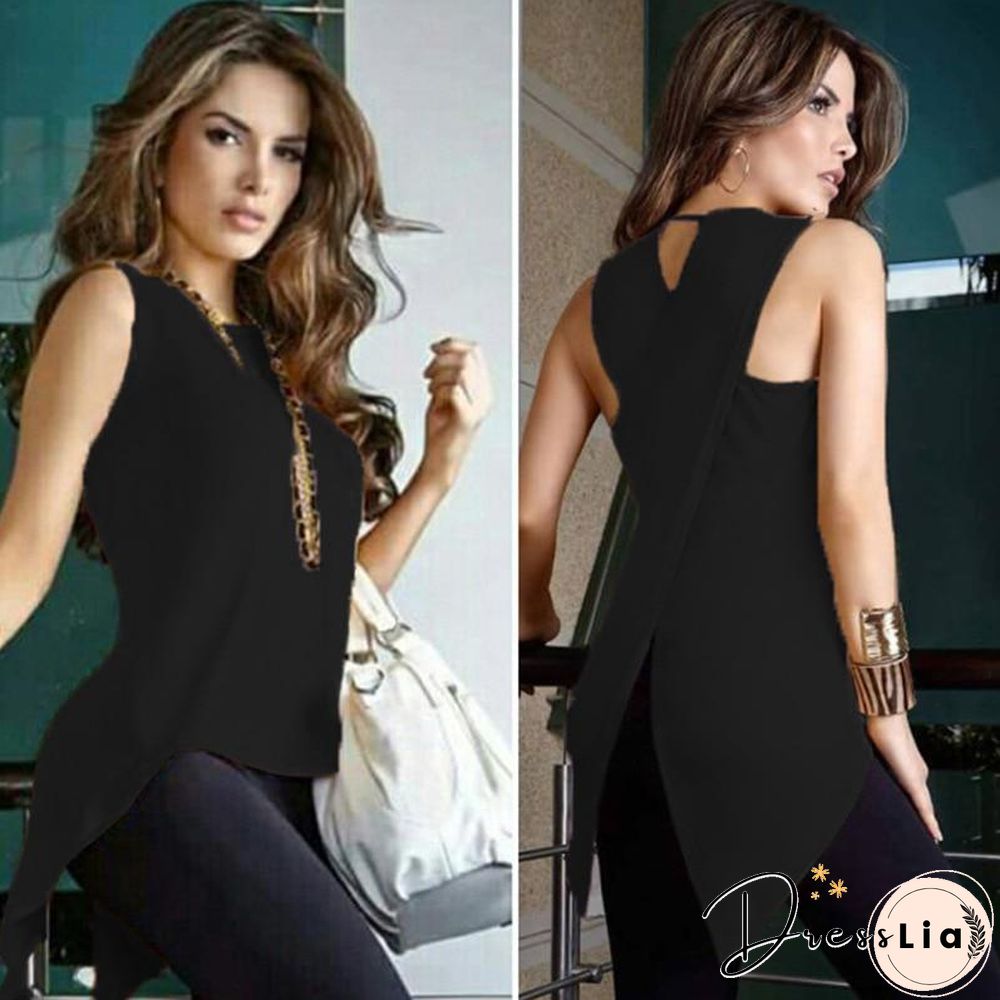 Women Cross Irregular Sleeveless Backless Tops and Blouses