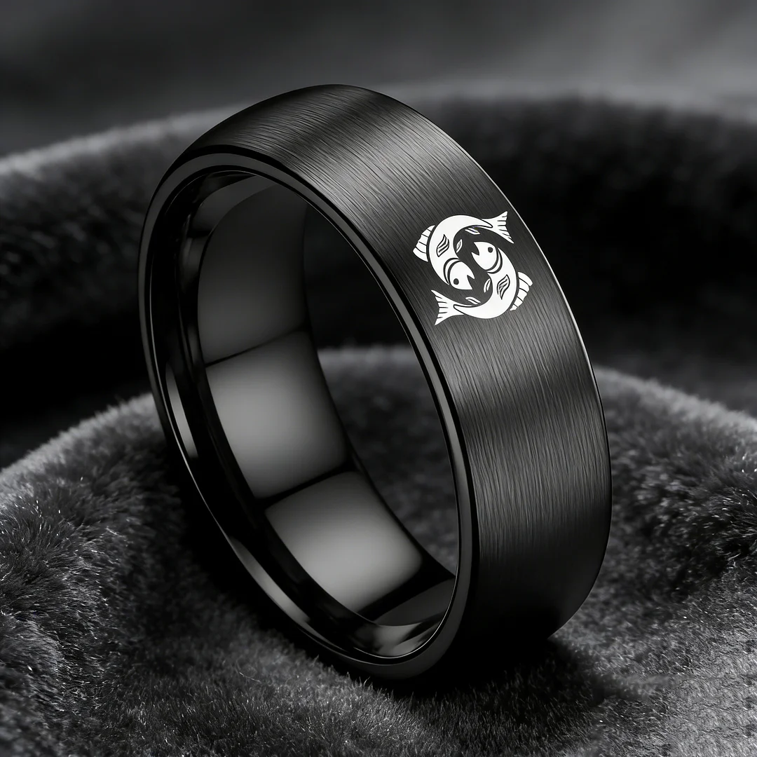 4MM 6MM 8MM Width Black Pisces Tungsten Carbide Rings Prints Laser Design Domed Top Tungsten Wedding Bands 