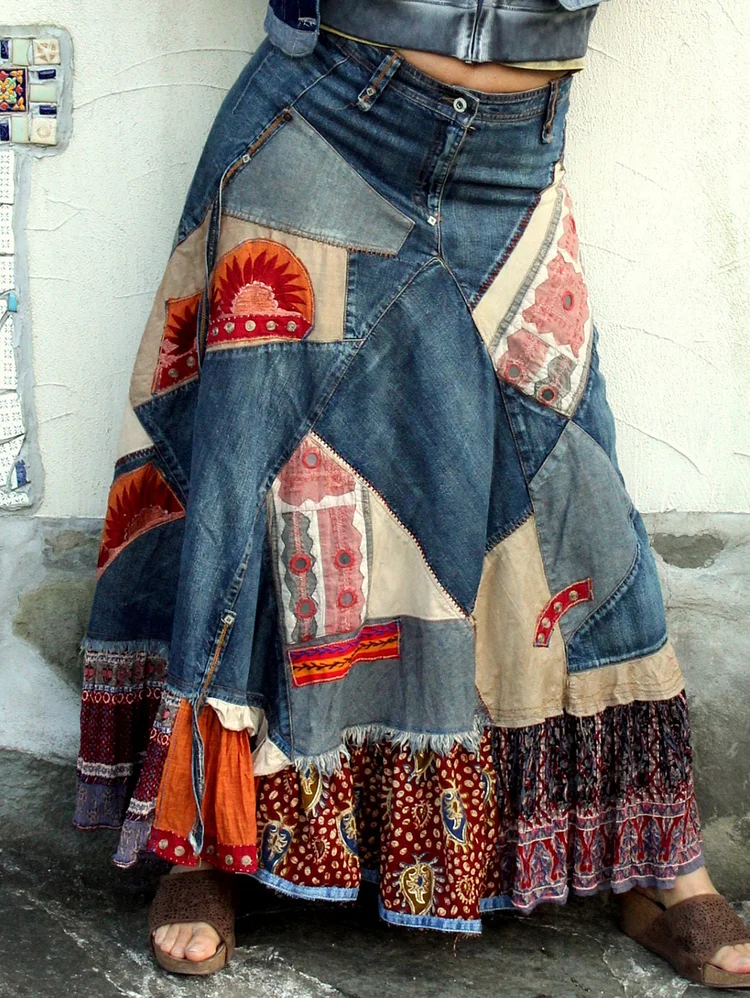 Vintage Boho Colorblock Denim Patchwork Belt Midi Skirt