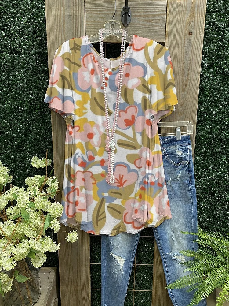 Women’s Flower Print Casual T-shirt-Mayoulove