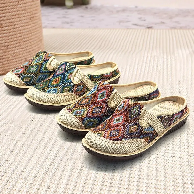 Women's Vintage Bohemian Weaving Breathable Wide Loafers Slip-On Sandals
