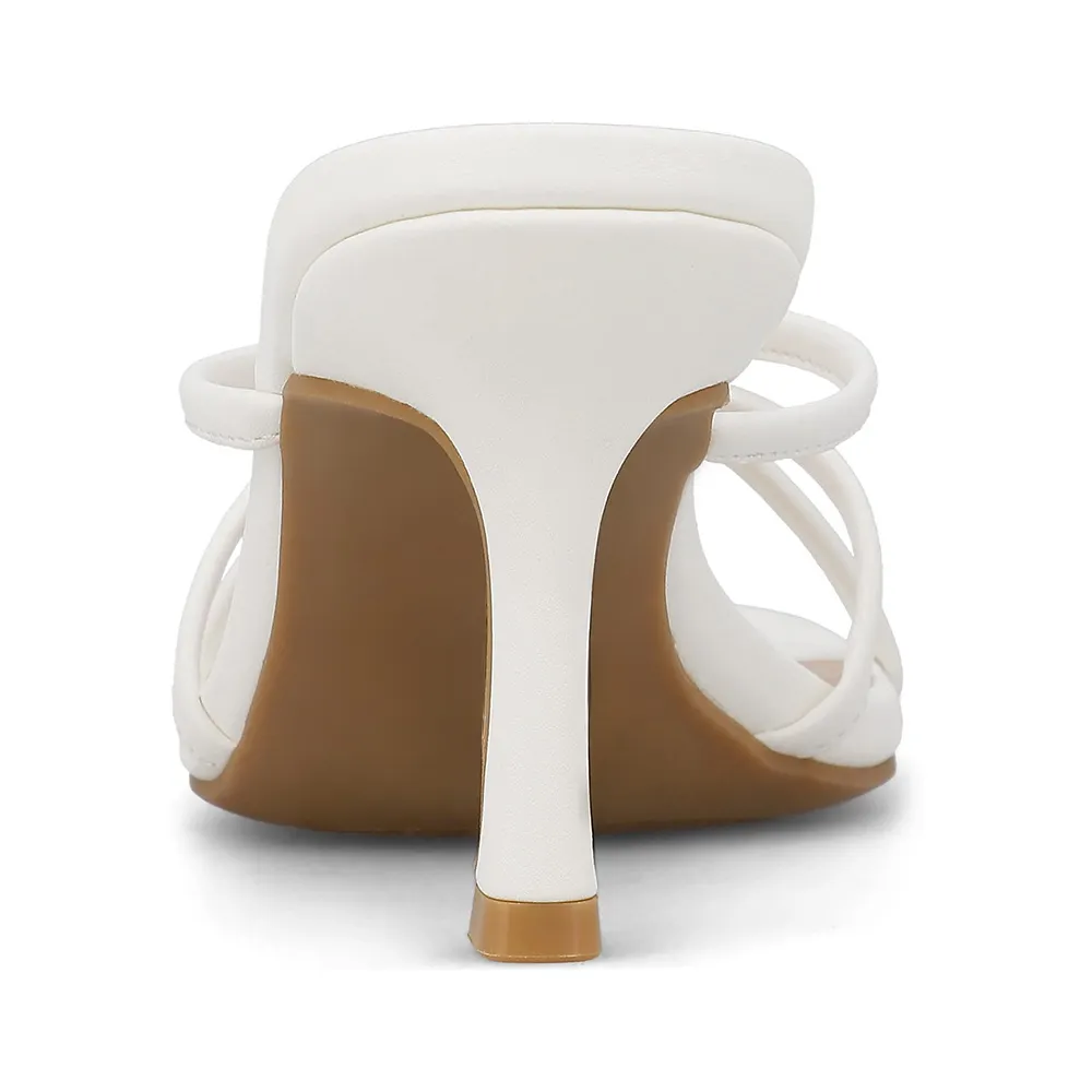 Square Toe High Heel Slip On Strappy Flip Flop White Sandals with Knot