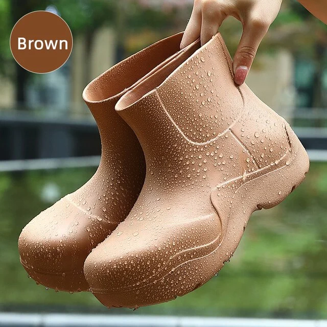 Street Trend  Women Boots Solid Color Waterproof Rain Boots Slip-on Head Short Boots Avocado Ankle Boots PU Women Platform Shoes
