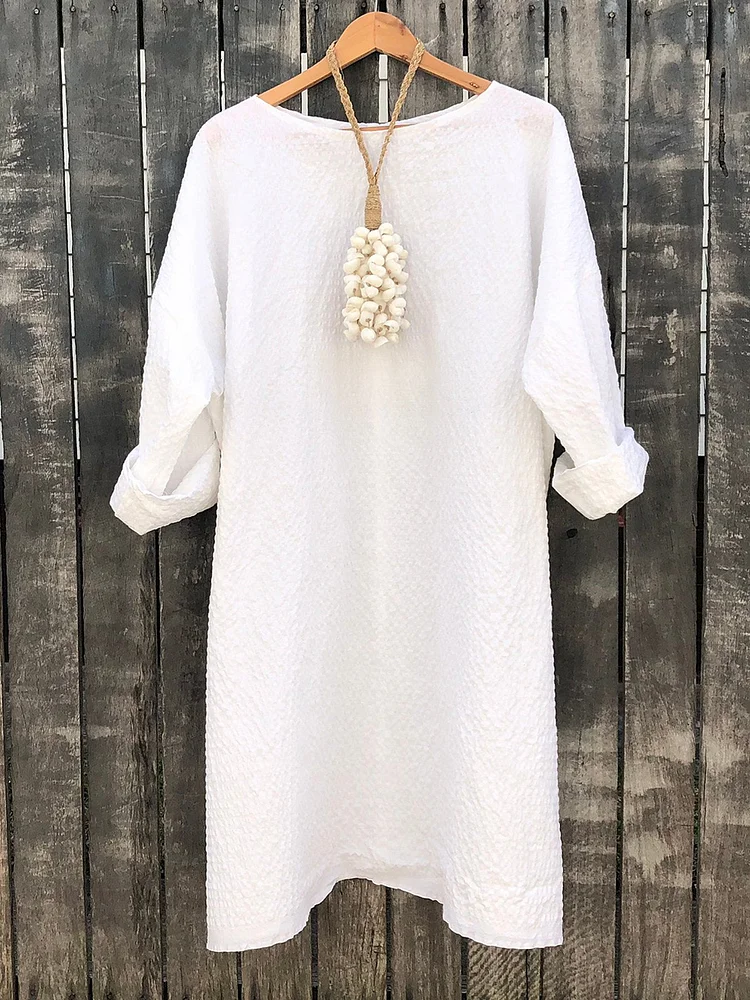 Plus Size Crew Neck Women Weaving Dress Casual Cotton Weaving Dress