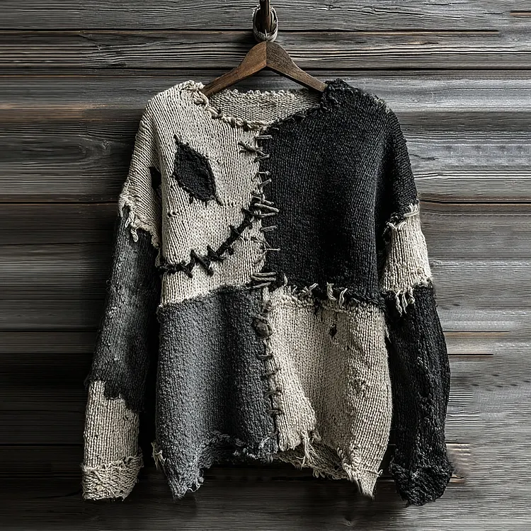 Vintage Halloween Spooky Face Sewn Knitted Crew Neck Cozy Sweater