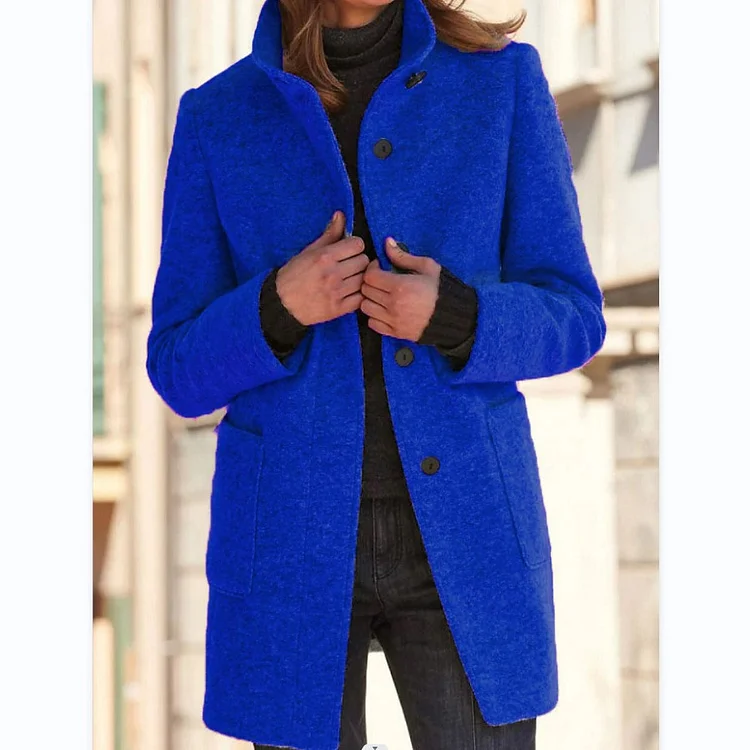 Women's Jacket Coat Retro Solid Color Button Stand Collar Wool Jacket