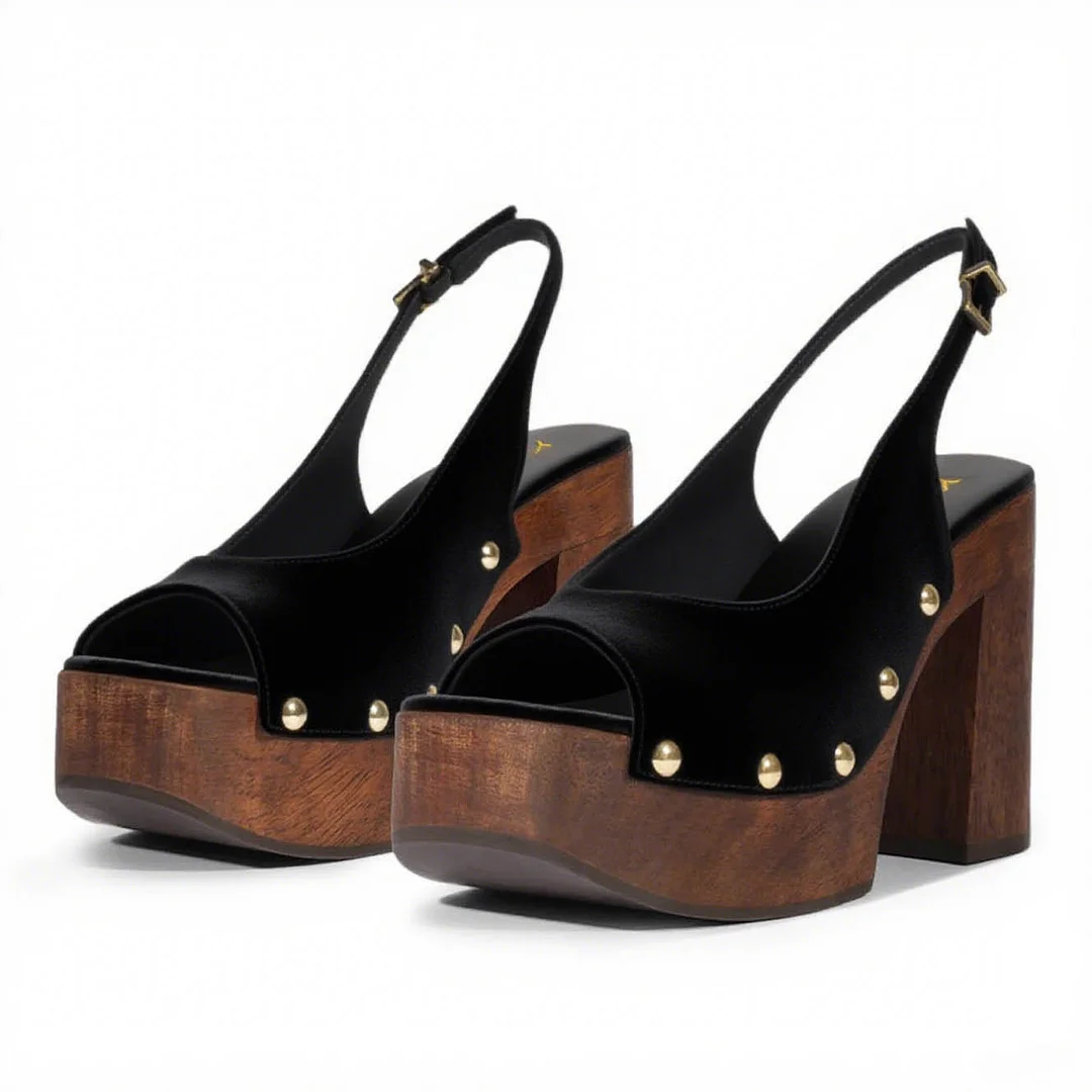 Black Peep Toe Block Heel Studded Platform Sandals for Women