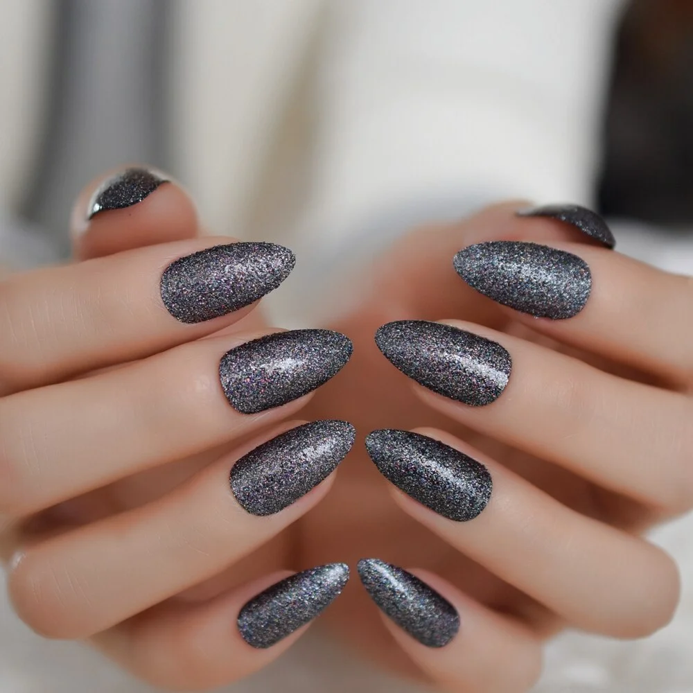 24Pcs Long Almond Glitter Black Charming Design Nail Tips Wholesale Full Cover Nails Gels Nails Artificial False Nail-Nail Inspo