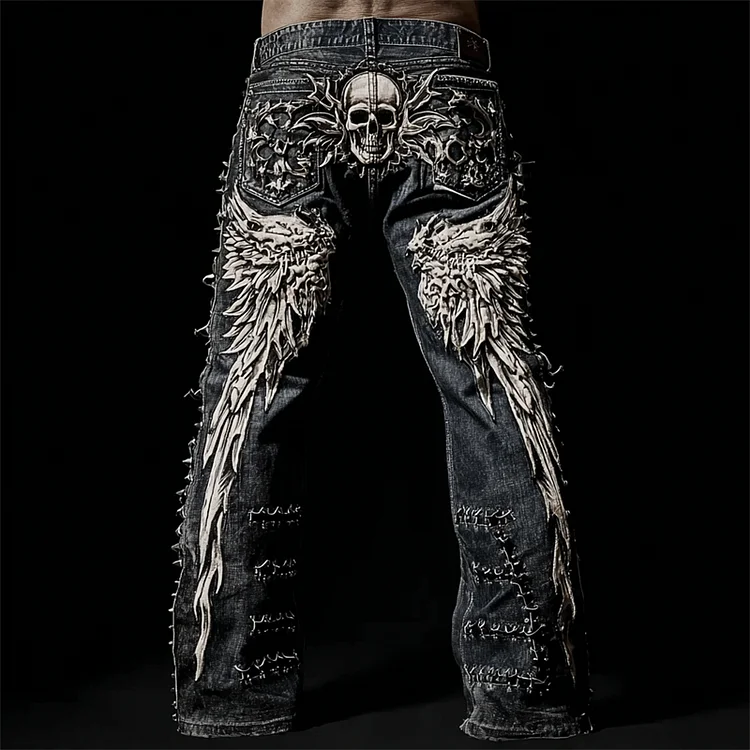 Men's Skull & Wings Rock Studded Washed Bootcut Jeans