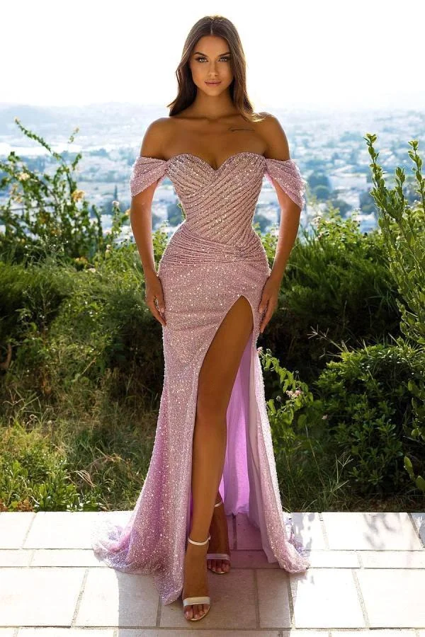 Luluslly Off-the-Shoulder Sequins Mermaid Prom Dress Split