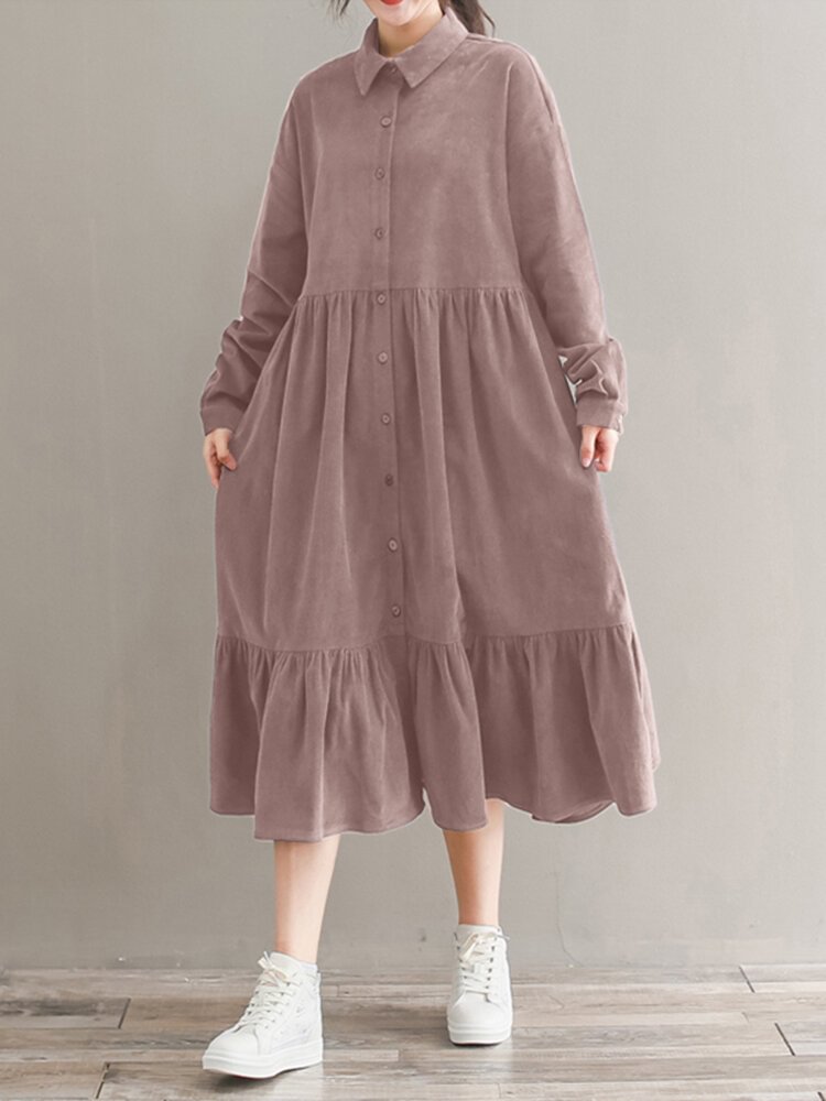 Solid Color Corduroy Patchwork Button Loose Casual Dress