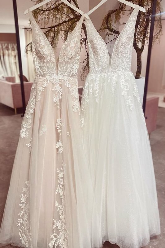 Simple Long A-line V-neck Backless Lace Wedding Dress With Tulle | Ballbellas Ballbellas