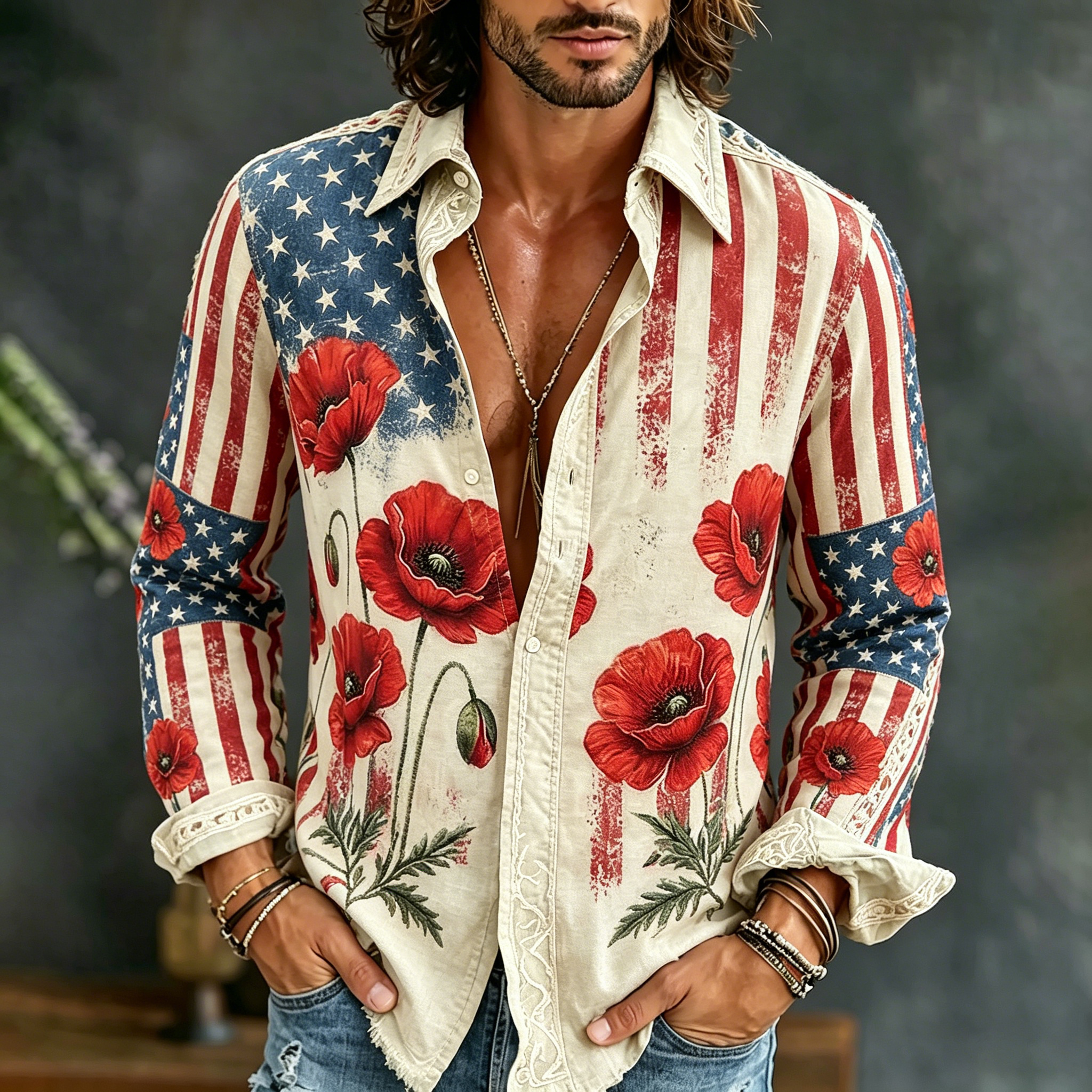 Men's Vintage Floral Flag Art Print Flowy Linen Blend Shirt Westsshops