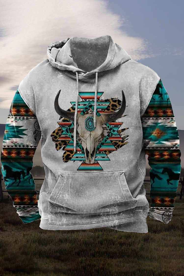 Western Tribal Bull Head Print Vintage Hoodie