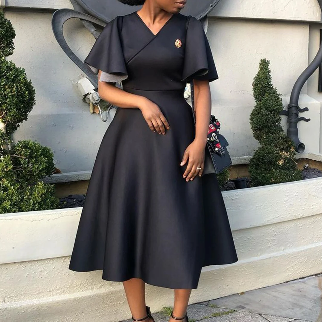 Bell Sleeve V-Neck Big Swing Dress - Black