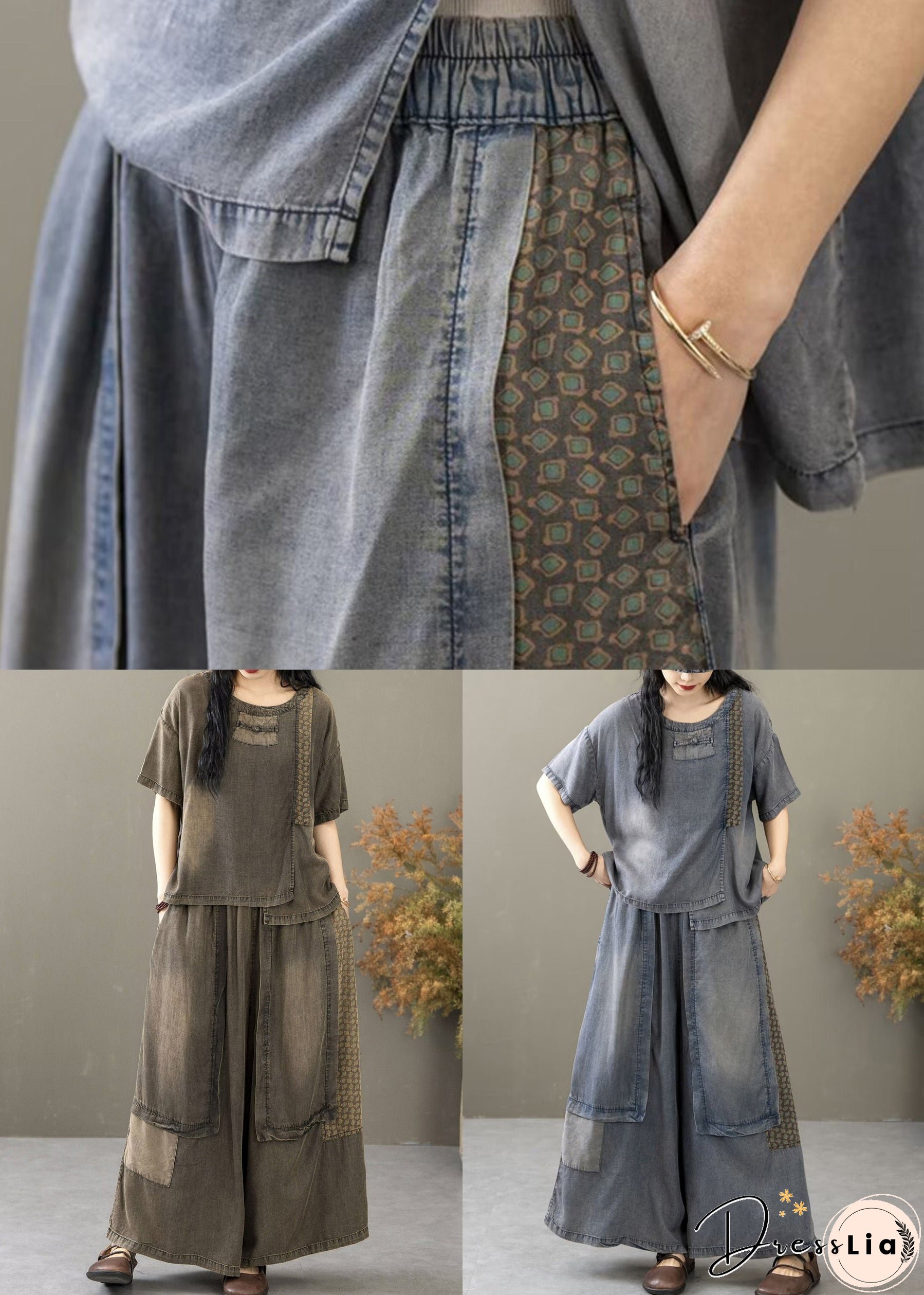 New Blue Pockets T Shirt And Wide Leg Pants Denim Two Pieces Set Summer