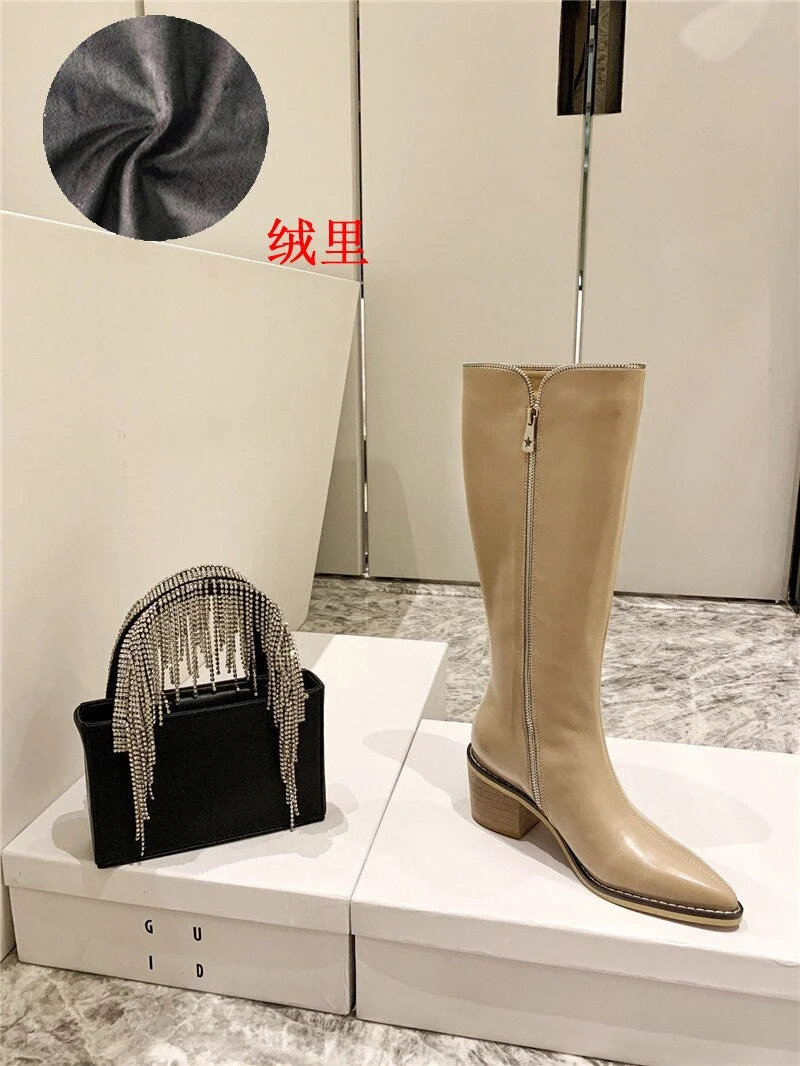 2021 Brand Design Winter Square Heel Knee High Boots Women Pointed Toe Chelsea Boots Leather Pocket Zipper Boots Botas Mujer