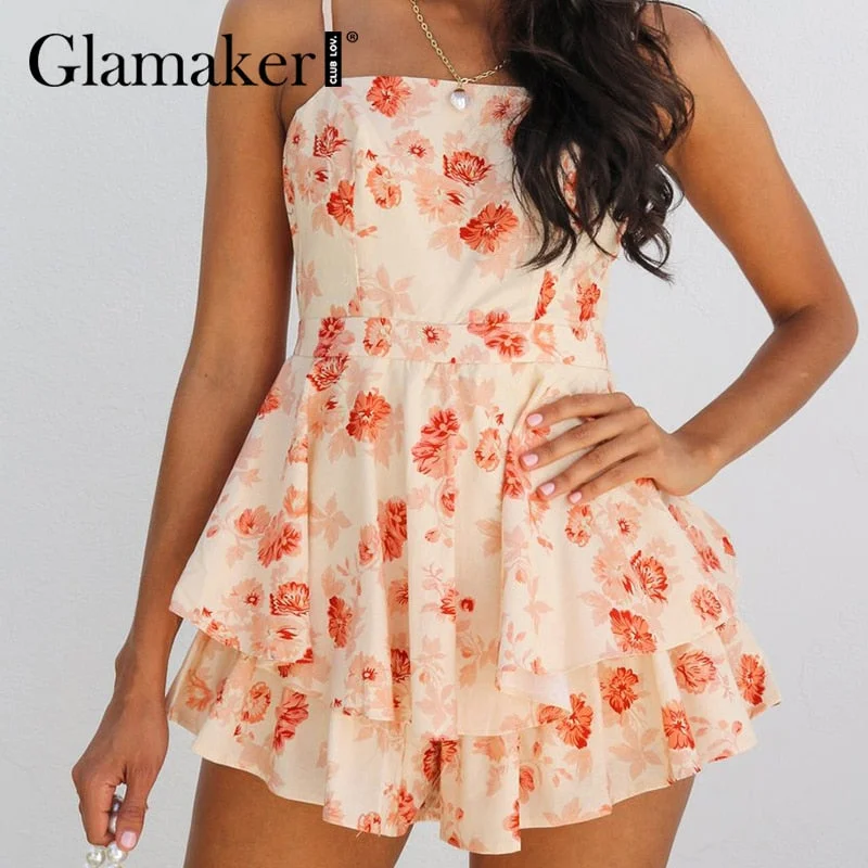Glamaker A-line holiday beach floral printed jumpsuit Summer party sleevelss knot short playsuit Women ruffles elegant romper