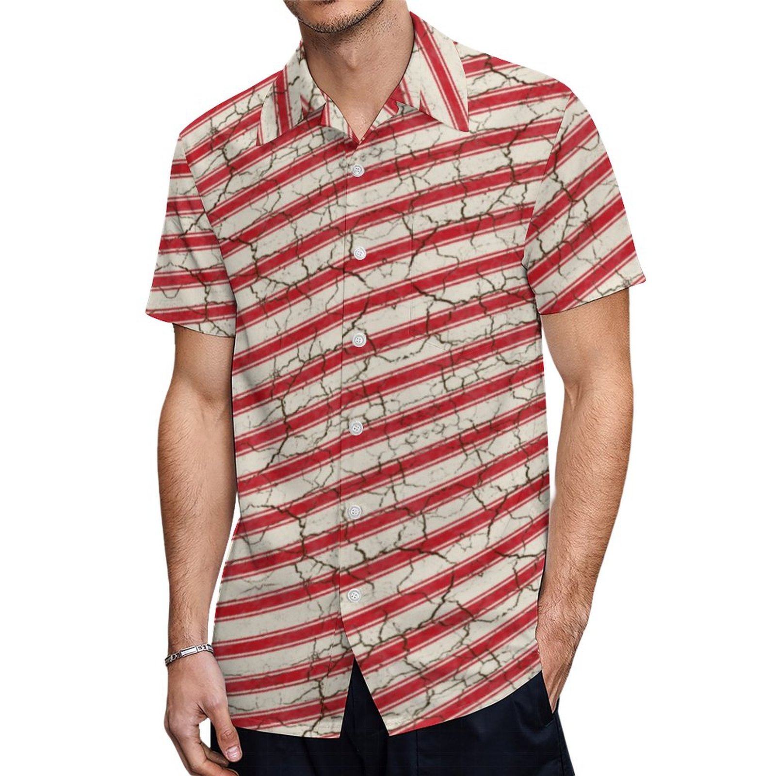 Cracked Red Striped Candy Cane Hawaiian Shirt Mens Button Down Plus Size Tropical Hawaii Beach Shirts