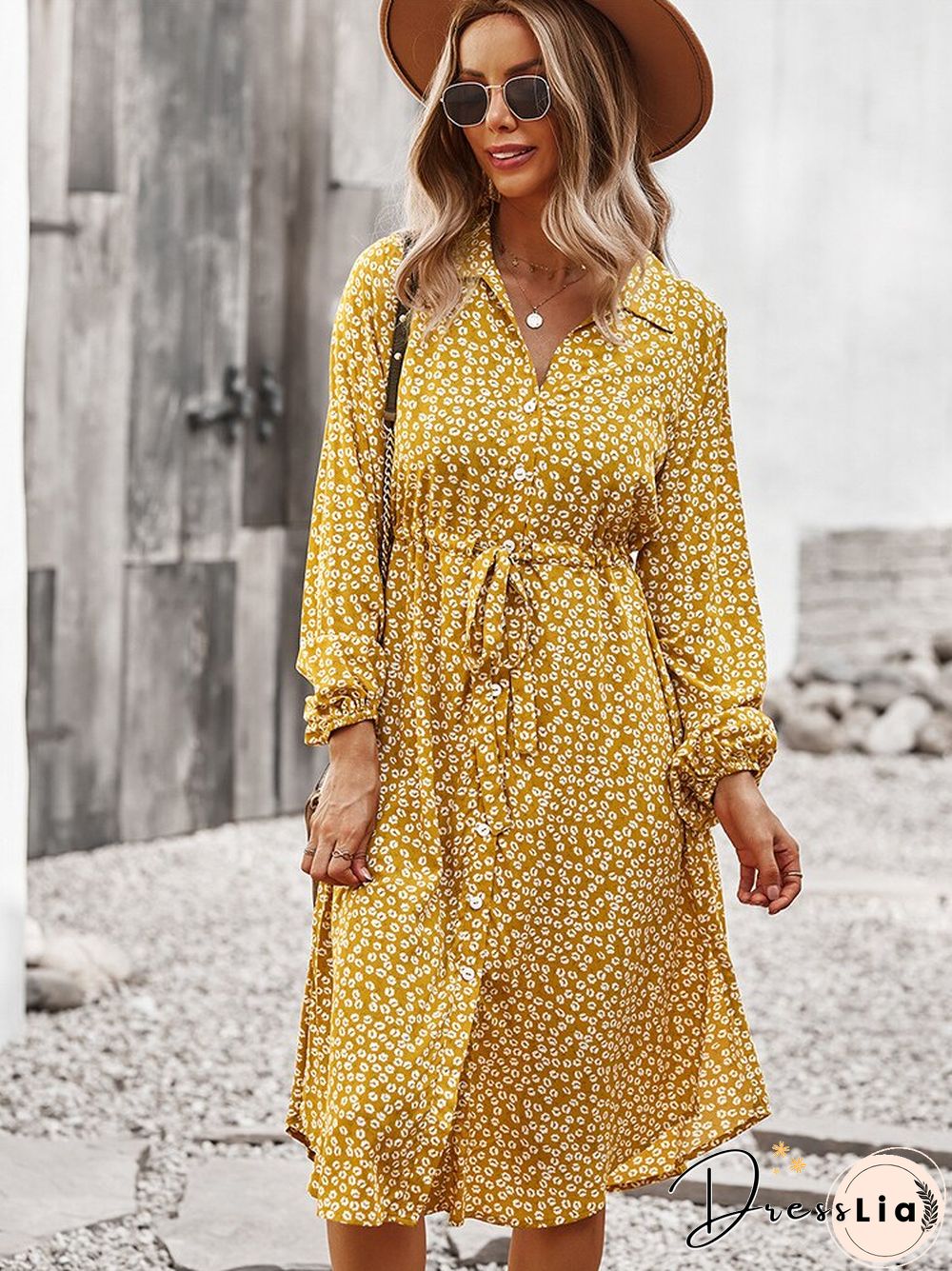 Dress for Women New Spring Autumn Printed Belt Waist A-Line Skirt Temperament Commuter